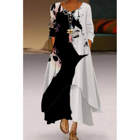 Women's V-neck Long-sleeved Printing Retro Long Dress Intellectual Abstract Autumn Loose Dress Knee Length Dress