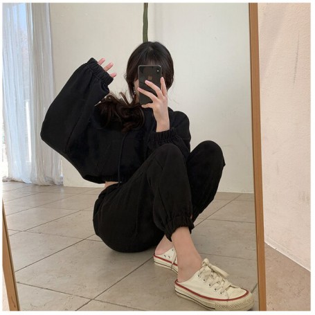 Women's Clothing Grey Top Vintage Street Hoodie Crew Neck Long Sleeves Casual Baggy Pocket Solid Color Pants Sportswear Autumn