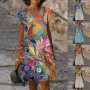 Elegant V-Neck Fashion Casual Loose Abstract Print Short Sleeve Knee Length Dress Women