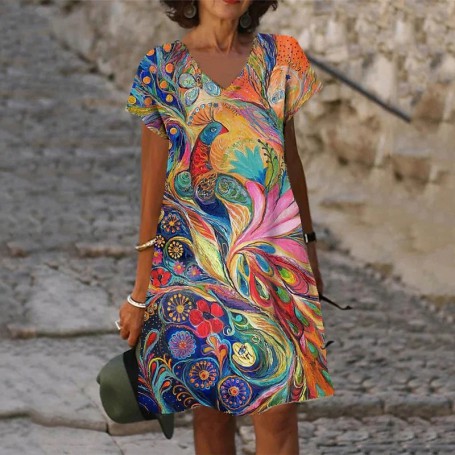 Elegant V-Neck Fashion Casual Loose Abstract Print Short Sleeve Knee Length Dress Women