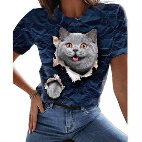 Ladies Fashion 3D Printing Cat Pattern T-Shirt Women O-Neck Short Sleeve Retro Casual T-Shirt