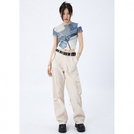 American Khaki Vintage Cargo Pants Fashion Many Pockets Wide Leg Straight Pants Stree Y2K Baggy Mopping Trouser Ladies Summer