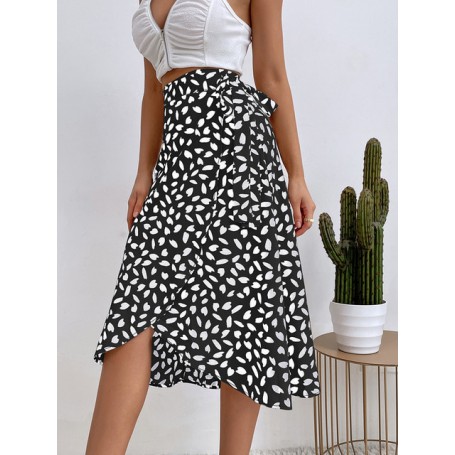 Women Casual Print Tie Side Wrap Skirt Elegant High Waist Female Summer Asymmetrical Knee Length A-Line Skirts