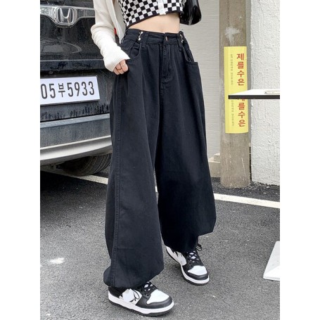 Woman Vintage High Waist Wide Leg Jeans Streetwear Adjustable Belt Drawstring Vintage Denim Trousers