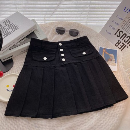 Mini Pleated Denim Skirt with Shorts High Waisted Women