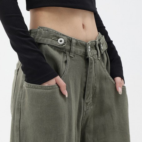 Green Washed Straight Jeans Woman Adjustable Mid-rise Loose Wide-leg Trousers Street Retro Pants Button Oversized Jeans
