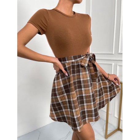 Mini Skirt Plaid Tee Dress Women