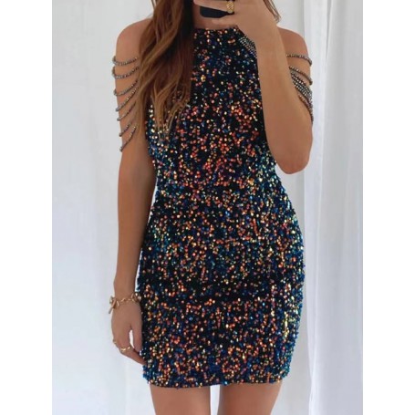 Wedding Chain Sequin Slim Dress Summer Women Fashion Hollow Out Off Shoulder Club Dresses Ladies Sleeveless Party Casual New