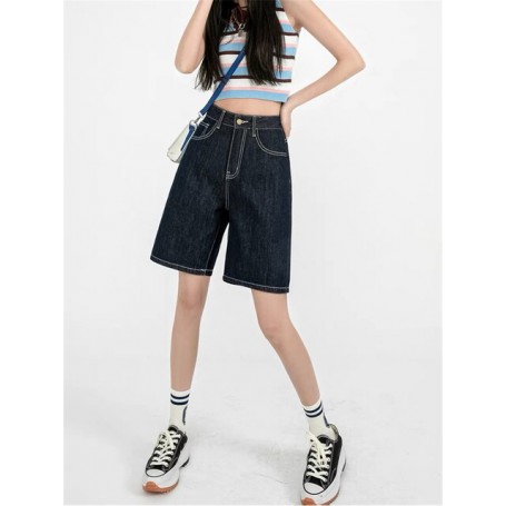 Summer Women High Waist Five Points Trouser Casual Female Solid Streetwear Wide Leg Denim Shorts