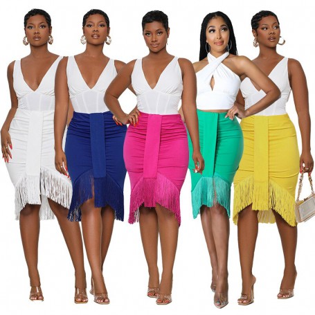 Skinny Hight Waist Shirring Tassel Skirt Elegant commuting Wind Casual Midi Skirts clothes