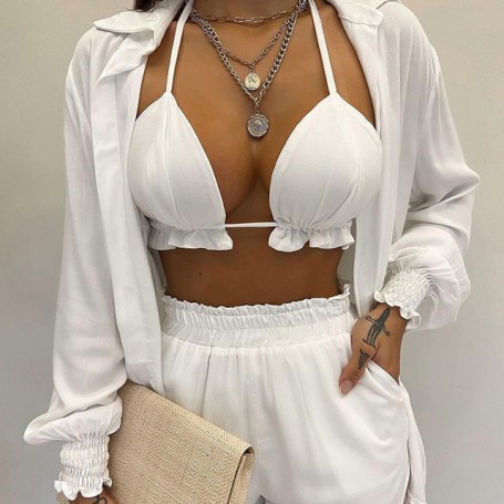 Women's Three-Piece Suit Fashion Holiday Style Solid Color Printing Casual Sexy 3-Piece Sets Beach Outfits Female