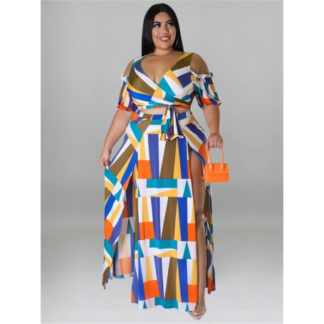 Plus Size Dress Sets Two Piece V Neck Printed Crop Top Big Swing Skirts Sexy Suits Slip