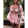 Sexy Solid Tops Suits Women Fashion Tie Belt Long Sleeve Hollow Out Suit Women Elegant Mini Skirts Suits Female Summer Outfit
