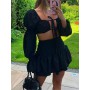 Sexy Solid Tops Suits Women Fashion Tie Belt Long Sleeve Hollow Out Suit Women Elegant Mini Skirts Suits Female Summer Outfit