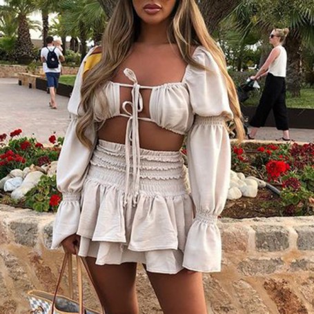 Sexy Solid Tops Suits Women Fashion Tie Belt Long Sleeve Hollow Out Suit Women Elegant Mini Skirts Suits Female Summer Outfit