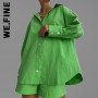 We.Fine Casual Women Short Set Tracksuit Loungewear Two Piece Women Outfits Long Shirt And High Waist Shorts Green