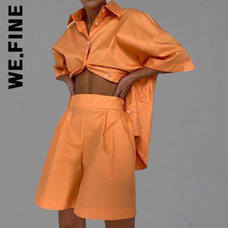 We.Fine Casual Women Short Set Tracksuit Loungewear Two Piece Women Outfits Long Shirt And High Waist Shorts Green