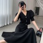 Summer Elegant Black Two Piece Dress Sets Retro Womens Outifits Puff Sleeve Crop Top+A Line Skirts Korean Fashion Hepburn Suit