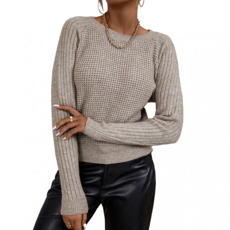 Slim Fitting Tan Light Brown Knit Long Sleeves O Neck Autumn Winter Women Pullover Sweater Office Lady Clothing