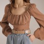 Elegant Chic Woman Shirt Puff Long Sleeve  Ladies Square Neck Casual Tops