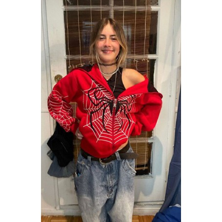 Spider Web Red Hoodies Streetwear Sweatshirt Zip Up hoodie Gothic Harajuku Punk Grunge Y2k Clothes Women Hip hop Tops