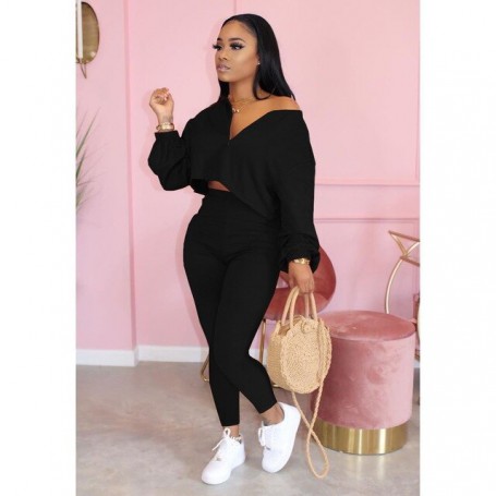 Casual 2 Piece Sets Womens Outfits V Neck Solid Color Zipper Design Plus Size Sets Fall 2021 Womens Fashion S-4XL