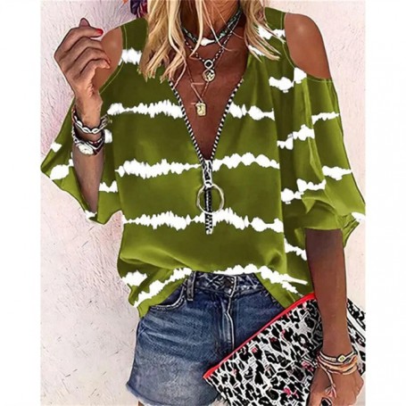 Stripe Print Off Shoulder Short Sleeve Tops Vintage V Neck Zipper Pullover Shirt Casual Loose Women's T-Shirt
