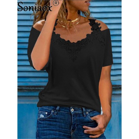 Lace Shirt Women Casual V Neck Loose T Shirt Ladies Hollow Sling Off Shoulder Pullover Tops