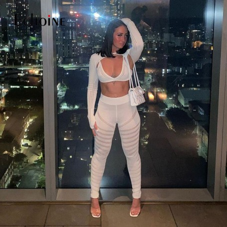 Echoine Women Solid Mesh Hollow Out Knit High Waist Pencil Pants Fashion Casual Skinny Sexy joggers sweatpants  trousers clothes