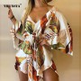 Dresses  V Neck Lace-up Floral Print Mini Dress Casual Flared Sleeves Irregular Ladies Party Dress