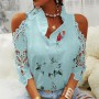 New Women's Tops Flower Print Off-Shoulder Lace Stitching Half-Sleeve T-Shirt Ladies Fashion Casual Loose T Shirts