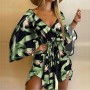 Dresses  V Neck Lace-up Floral Print Mini Dress Casual Flared Sleeves Irregular Ladies Party Dress