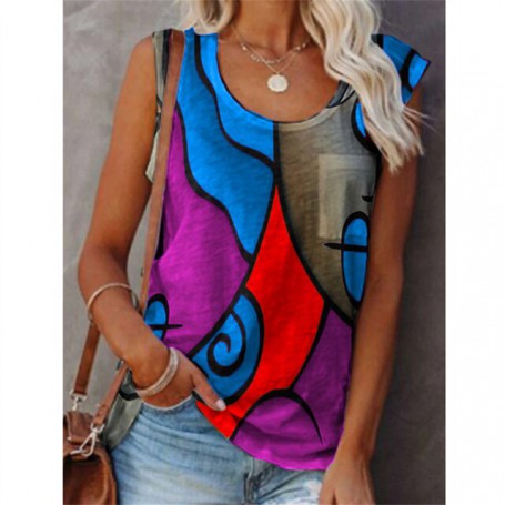 Women Color Matching Print T-Shirt Fashion Casual Sleeveless Tank Top T-Shirt Ladies Loose Pullover Vest Tops