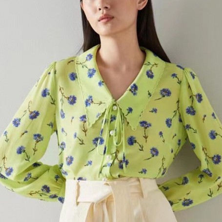 100% Silk Women  shirt Long Sleeve Peter pan Collar Shirt Lace-up Pearl Buttons Temperament lady Blouse