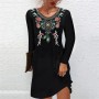 New Women's Retro Printing Long-Sleeved Skirt Fashion Casual Pullover Dress