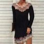 New Women's Retro Printing Long-Sleeved Skirt Fashion Casual Pullover Dress