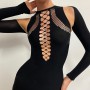 Evening Black Dress Sexy Women Fashion Hollow Out Off Shoulder Long Sleeve Tight Ladies Short Skirt