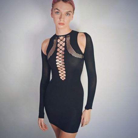 Evening Black Dress Sexy Women Fashion Hollow Out Off Shoulder Long Sleeve Tight Ladies Short Skirt
