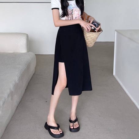 Side-slit Suit Skirts Women Mid-calf High Waist Korean Style A-line Skirt Summer Elegante All-match Streetwear Female Plus Size