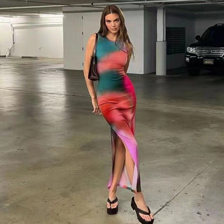 Summer Dress New Round Neck Tie Dye Slim Print Hip Lift Dress Side Slit Dress Sexy Fashion Commuter Sleeveless Long Dress