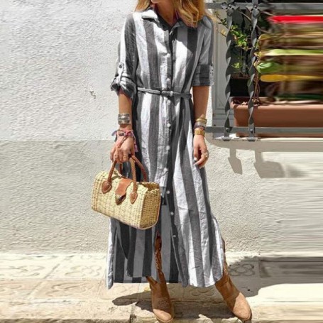 Dress Spring Office Single Breasted Loose Shirt Dress Elegant Fashion Stripe Printed Long Sleeve Shirt Dress