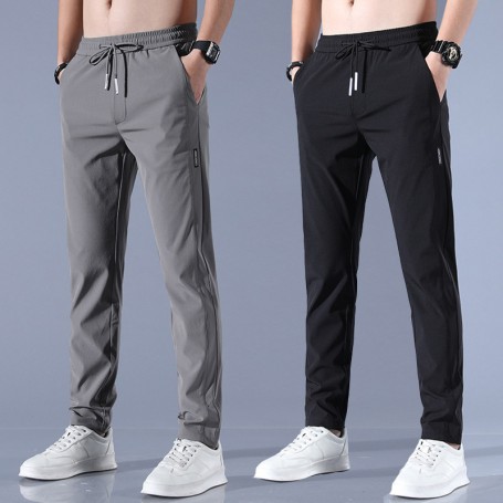 Men's Ice Silk Trousers Solid Color Mid-Waist Loose Breathable Straight-Leg Casual Pants