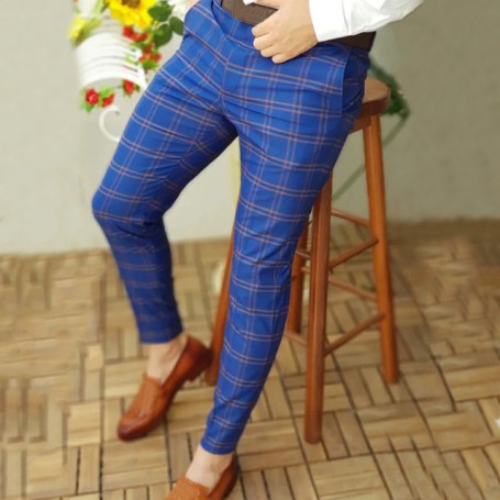 Men's Casual Plaid Pants Skinny Pencil Pants Zipper