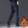 Men's Warm Casual Pants Slim Thicken Pants Elastic Waist Zipper Straight Trousers Male Fleece Business Pants