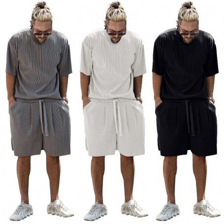 summer men's striped loose suit short-sleeved shirt solid color leisure holiday suit men