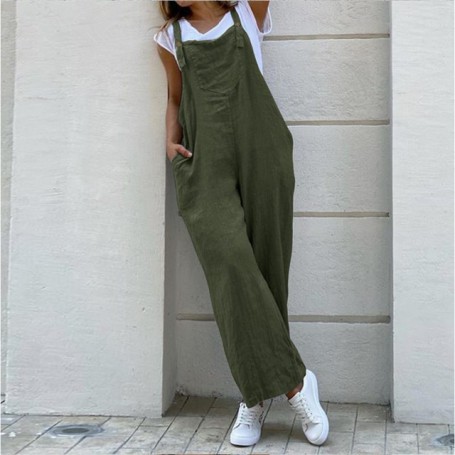 Jumpsuit Casual High Waist Cotton Linen Women Jumpsuits Pocket Straight Button Jumpsuits Loose 3XL