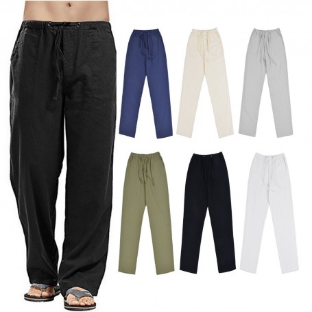 Men&#039;s Cotton Linen Large Size 10 Color Pocket Men&#039;s Trousers Casual Home Trousers Long Tube Solid Color Trousers S-5XL