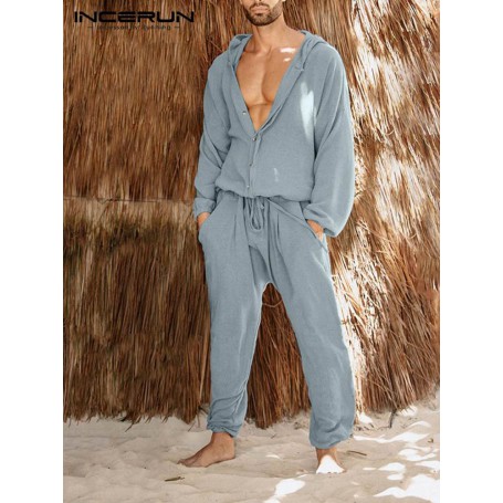 Men Jumpsuits Solid Hooded Long Sleeve Drawstring Casual Overalls Men