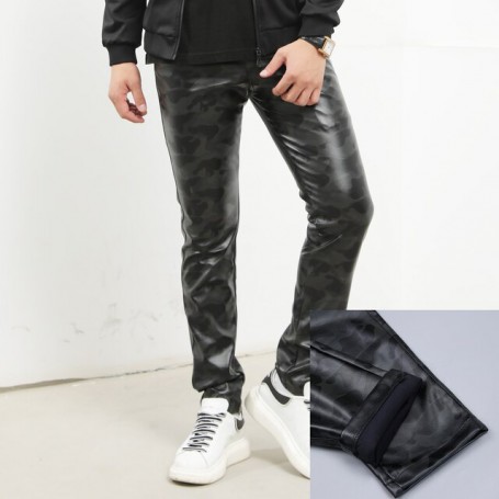 TSINGYI Camouflage Moto Skinny Elastic Faux Leather Pants Men Camo Black PU Leathers Trousers Four Seasons Brand Men Clothing