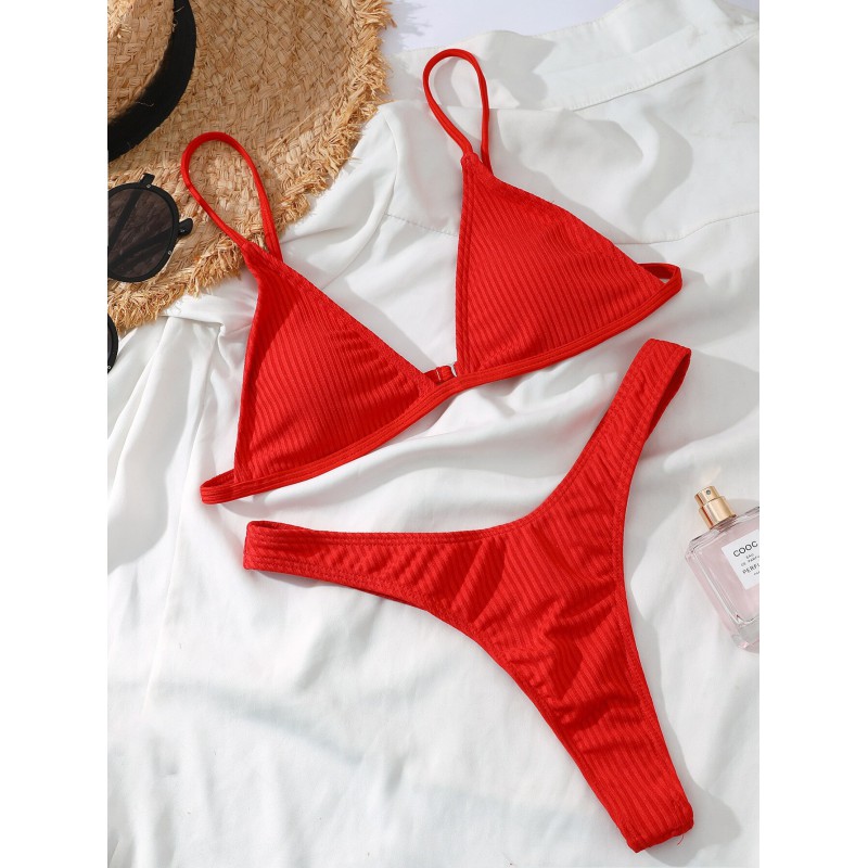 Girls High Cut Bikini Set Sexy Small Cup Swimwear Women Ribbed Swimsuit